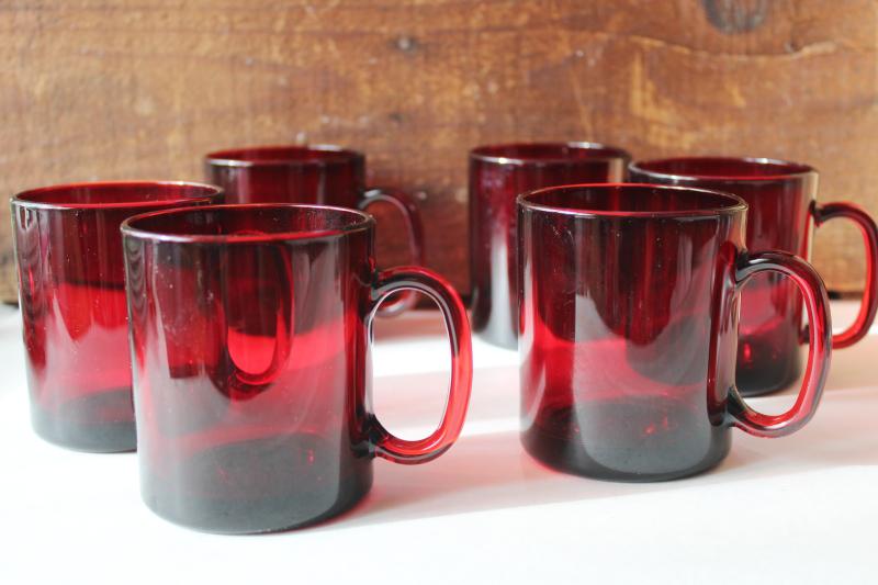 vintage ruby red Color Program colored glass mugs, Arcoroc France Cristal dArques