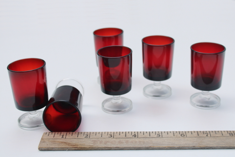 vintage ruby red / clear cordial glasses set, Cavalier pattern French glass stemware