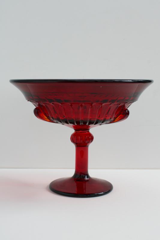 vintage ruby red elegant glass compote, Paden City glass Nerva pattern