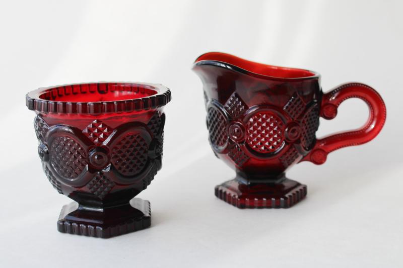 vintage ruby red glass Avon Cape Cod pattern creamer & sugar bowl set