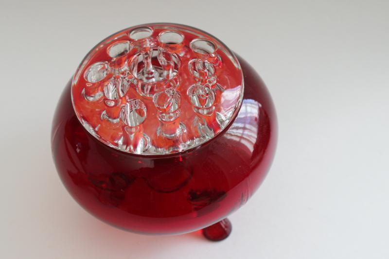 vintage ruby red glass bowl w/ flower frog, Viking glass floral centerpiece holder
