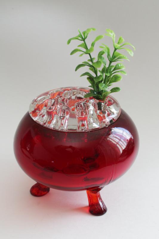 vintage ruby red glass bowl w/ flower frog, Viking glass floral centerpiece holder