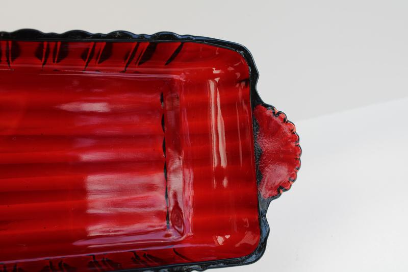 vintage ruby red glass cranberry tray or relish dish, rectangular serving plate