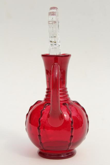 vintage ruby red glass cruet w/ crystal clear stopper, Paden City crow's foot 