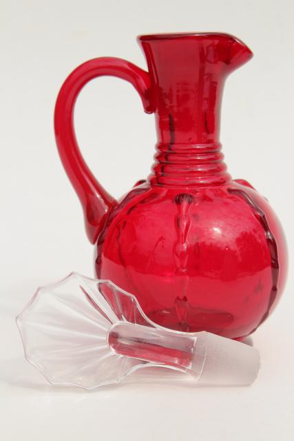 vintage ruby red glass cruet w/ crystal clear stopper, Paden City crow's foot 