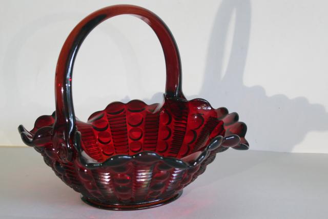 vintage ruby red glass dewdrop pattern basket, JD Tiara Indiana glass fruit intaglio