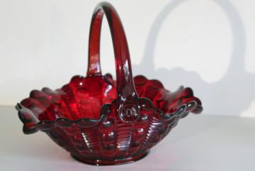 vintage ruby red glass dewdrop pattern basket, JD Tiara Indiana glass fruit intaglio