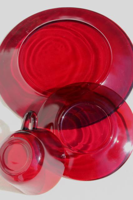 vintage ruby red glass dishes dinnerware set for 6, dinner plates, cups & saucers
