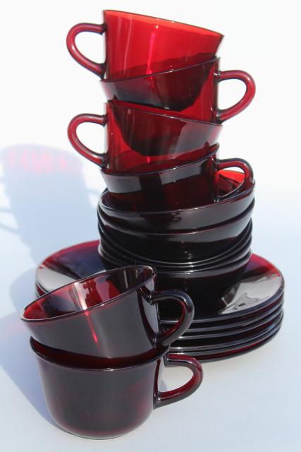 vintage ruby red glass dishes - plates, bowls, mug cups set for 6