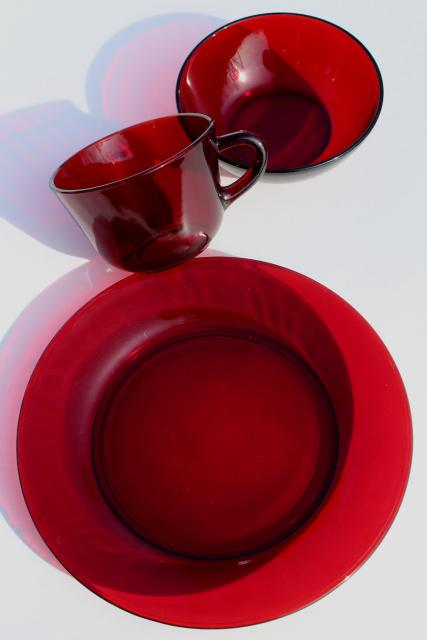 vintage ruby red glass dishes - plates, bowls, mug cups set for 6
