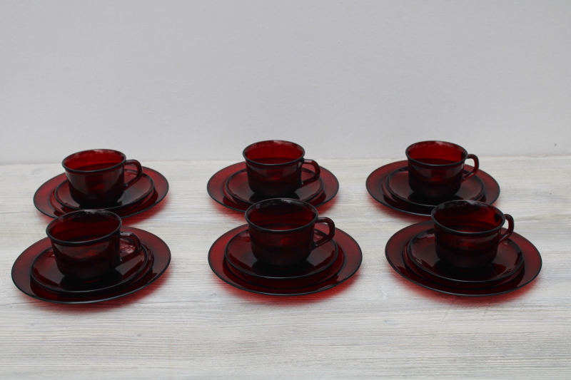 vintage ruby red glass dishes set, Arcoroc France salad or dessert plates, cups  saucers