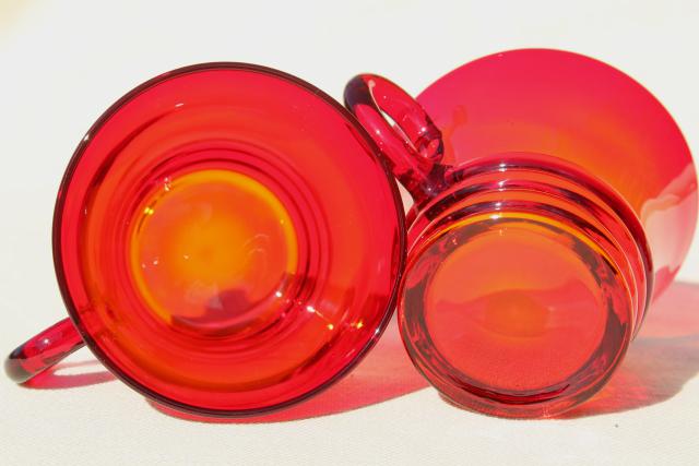 vintage ruby red glass mugs or punch cups, 1930s Paden City Penny line depression glass