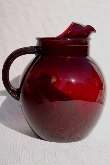 vintage ruby red glass pitcher, ball jug shape water or lemonade pitcher