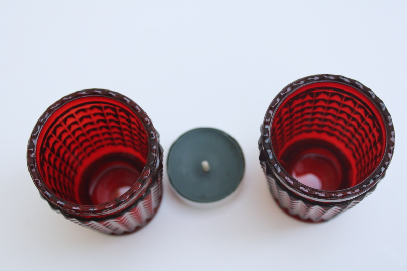 vintage ruby red glass votive or tea light candle holders pair, fine cut waffle block pattern glass