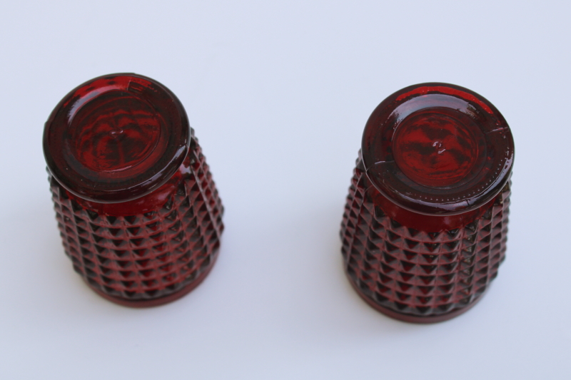 vintage ruby red glass votive or tea light candle holders pair, fine cut waffle block pattern glass