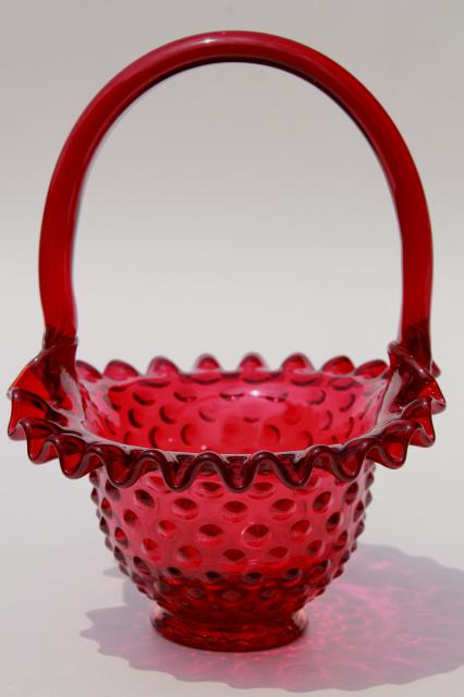 vintage ruby red hobnail glass brides's basket w/ Fenton glass label