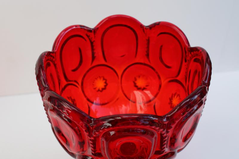 vintage ruby red moon and stars pattern glass, tall pedestal candy dish or small compote
