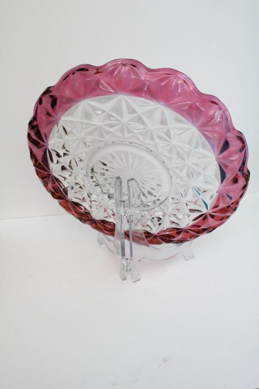 vintage ruby stain flashed color border cake plate, Monticello pattern glass