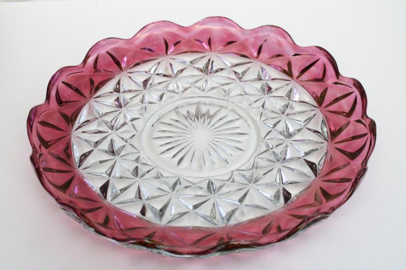 vintage ruby stain flashed color border cake plate, Monticello pattern glass
