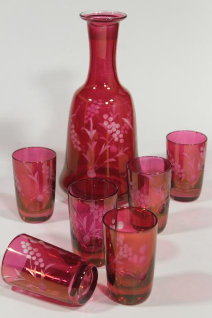vintage ruby stain glass bottle & whiskey glasses, etched cut to clear shots and decanter