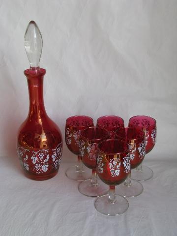 vintage ruby stain glass decanter & 6 goblet glasses, opalescent flash w/ grapes pattern