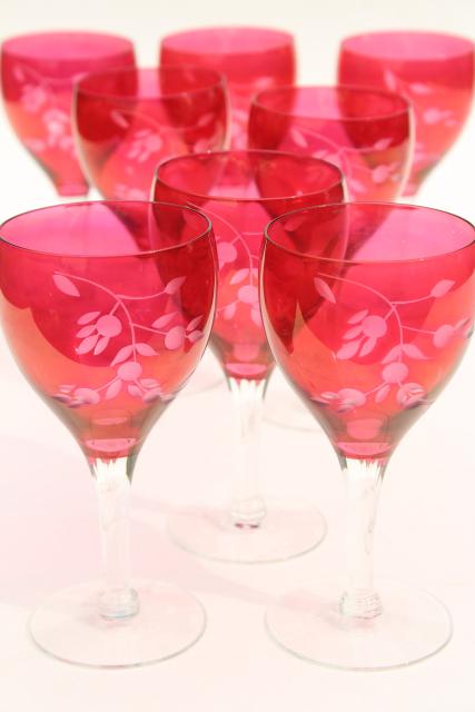 vintage ruby stain glass wine glasses, etched cut stemware red w/ clear stems