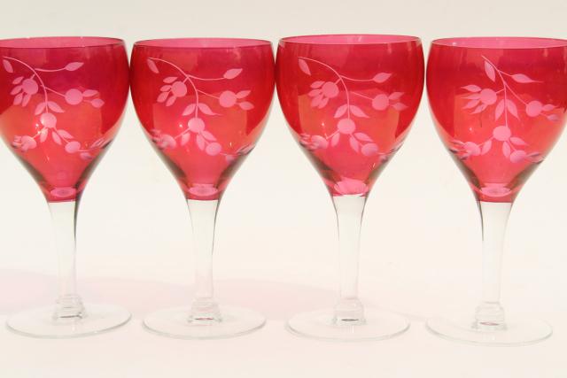 vintage ruby stain glass wine glasses, etched cut stemware red w/ clear stems