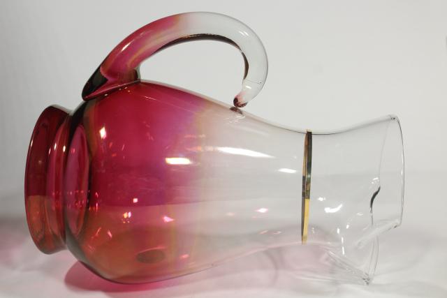 vintage ruby stain shaded color glass wine pitcher, 50s 60s West Virginia glass