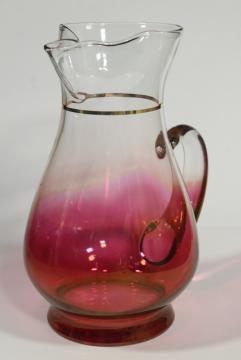 vintage ruby stain shaded color glass wine pitcher, 50s 60s West Virginia glass