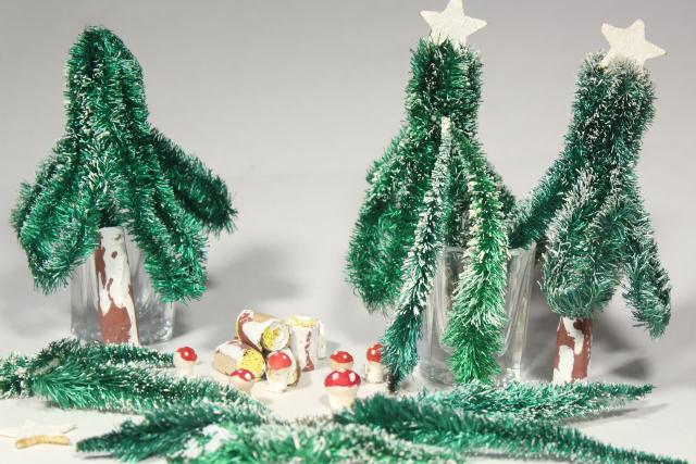 vintage rustic woodland Christmas decorations, bottle brush trees, miniature toadstool mushrooms