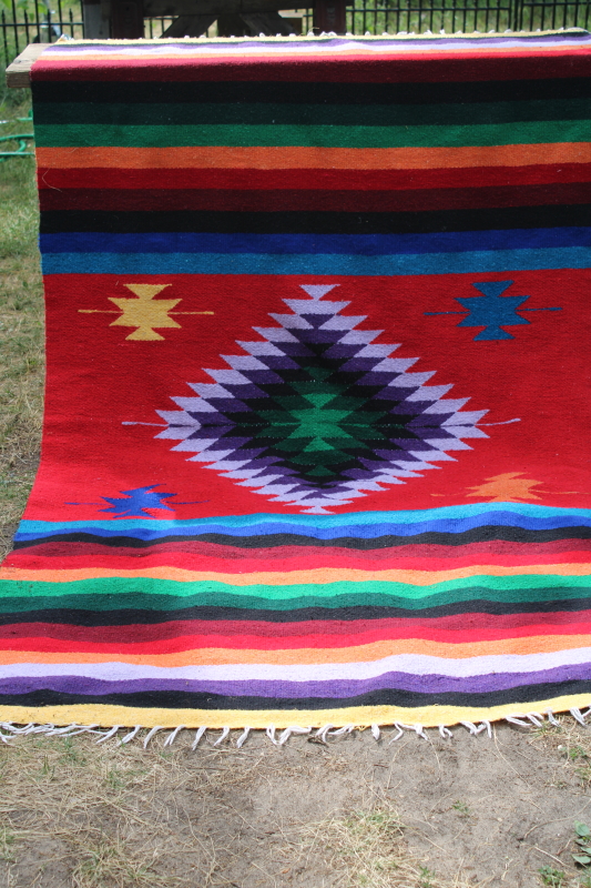 vintage saddle blanket or rug, boho rainbow colors woven striped Mexican blanket, southwest decor
