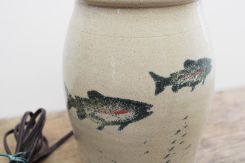 vintage salt glazed stoneware pottery table lamp w/ painted fish, rustic lake camp decor
