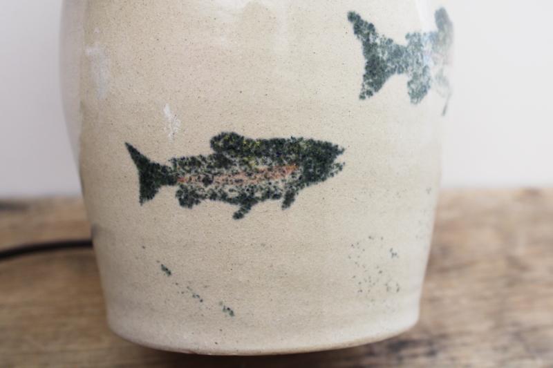 vintage salt glazed stoneware pottery table lamp w/ painted fish, rustic lake camp decor