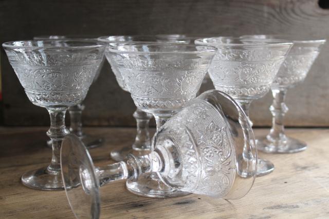 vintage sandwich pattern glass champagne coupe glasses, crystal clear Duncan & Miller