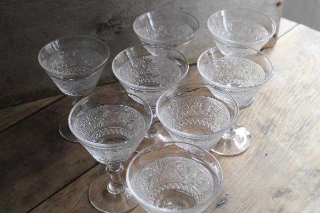 vintage sandwich pattern glass champagne coupe glasses, crystal clear Duncan & Miller
