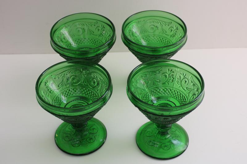 vintage sandwich pattern glass champagne glasses, forest green goblets Portugal