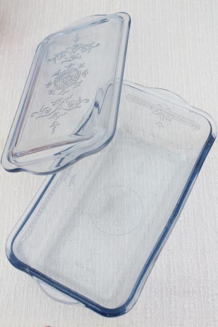 vintage sapphire blue Fire-King Philbe pattern glass loaf baking pan / fridge dish with lid