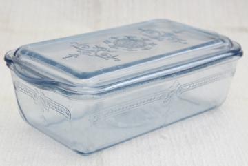 vintage sapphire blue Fire-King Philbe pattern glass loaf baking pan / fridge dish with lid