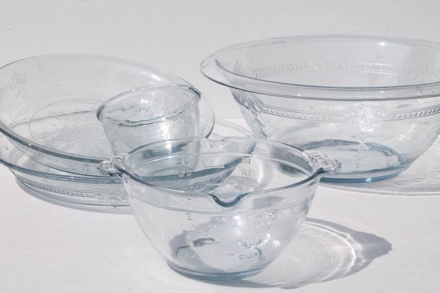 vintage sapphire blue depression glass kitchenware, Fire King Philbe bowl, pie pans, measure cup