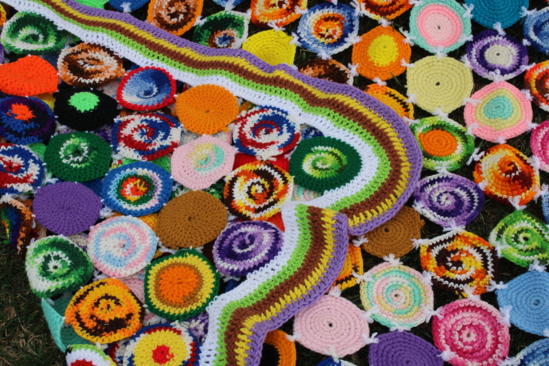 vintage scrap yarn crochet yoyos afghan blanket, multi colored dots like rainbow lollipops!