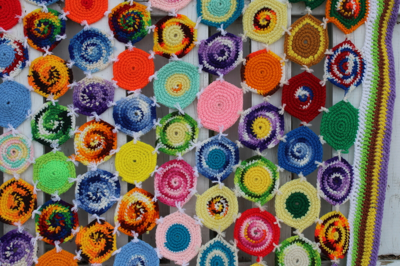 vintage scrap yarn crochet yoyos afghan blanket, multi colored dots like rainbow lollipops!