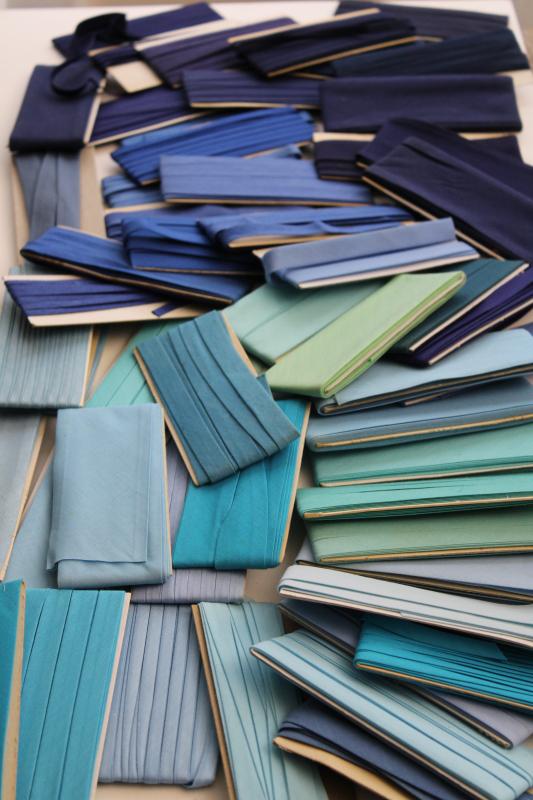 vintage seam tape lot, aqua sky blue navy cotton & blend bias binding for sewing projects