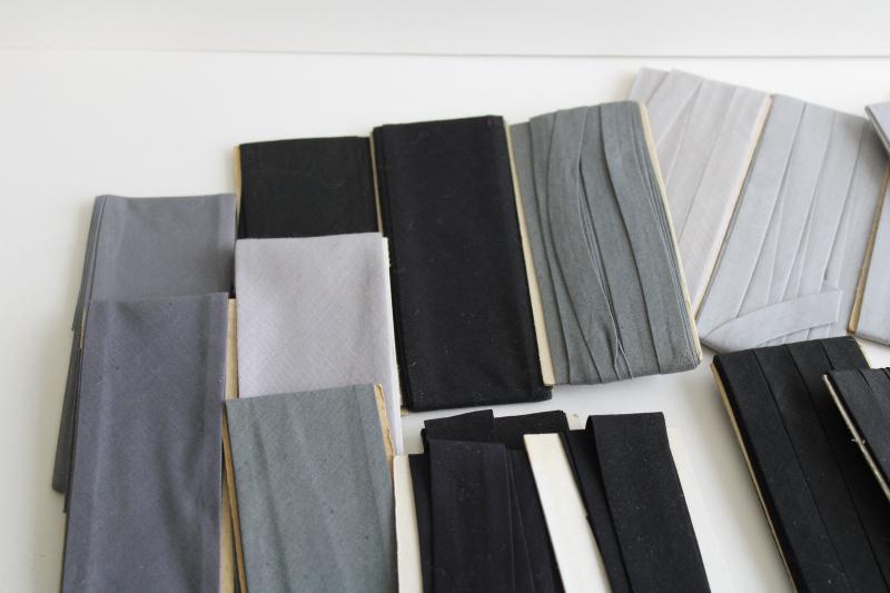 vintage seam tape lot, shades of grey & black cotton & blend bias binding for sewing projects
