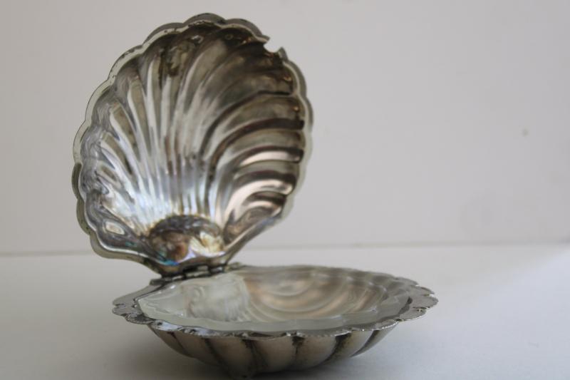 vintage seashell shape covered butter dish, silver plate w/ glass liner scallop shell