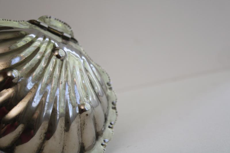 vintage seashell shape covered butter dish, silver plate w/ glass liner scallop shell