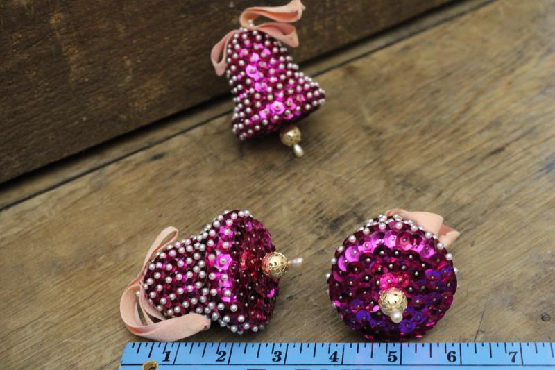 vintage sequined bells handmade tree ornaments, retro magenta pink Christmas!