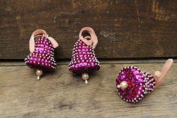 vintage sequined bells handmade tree ornaments, retro magenta pink Christmas!