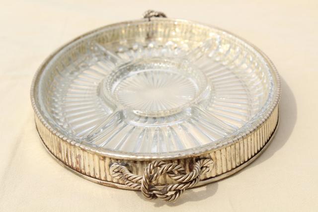 vintage serving tray w/ glass relish plate, silver plated solid brass w/ knot handles