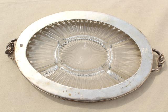 vintage serving tray w/ glass relish plate, silver plated solid brass w/ knot handles