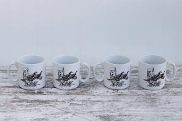 vintage set ceramic mugs, coffee cups w/ Funks farm seed soybeans advertising, J F Landenberger pheasants